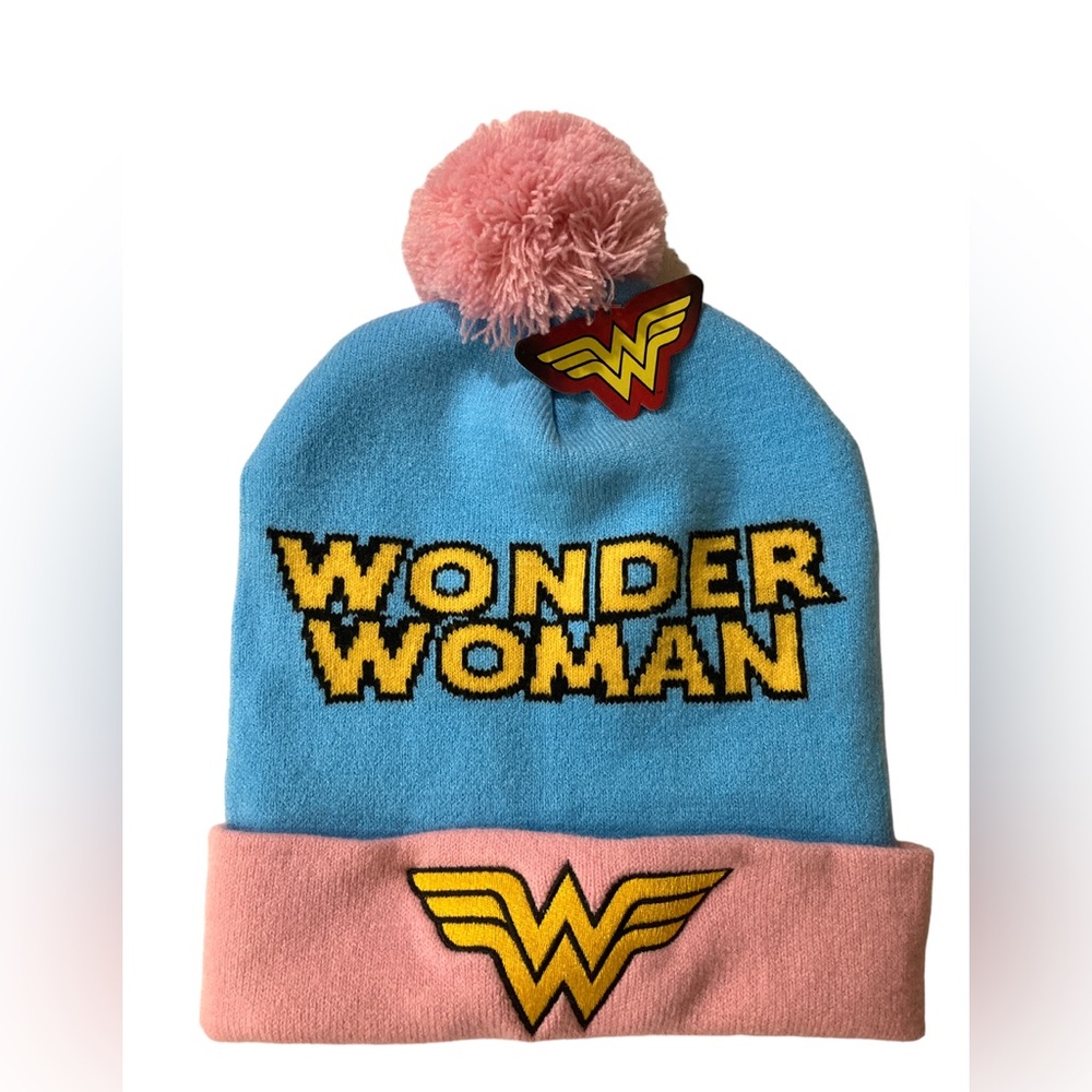 Wonder Woman beanie winter pom pom hat NWT baby pink & blue unique